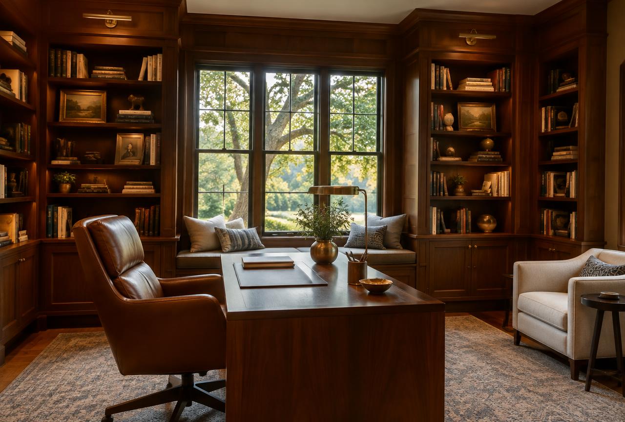 Warm wood-paneled study overlooking oak trees