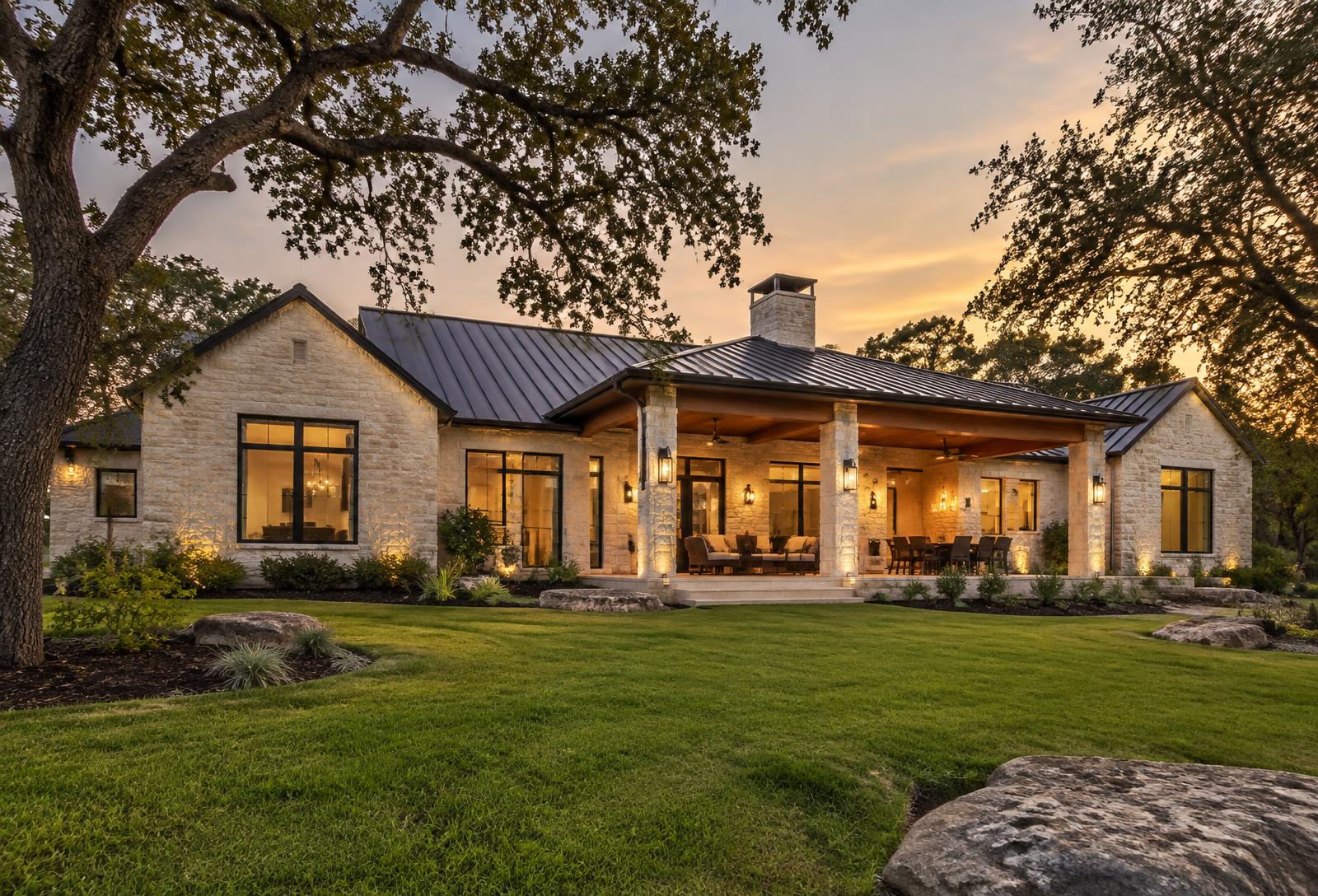 Signature Hill Country home with covered patio among live oaks